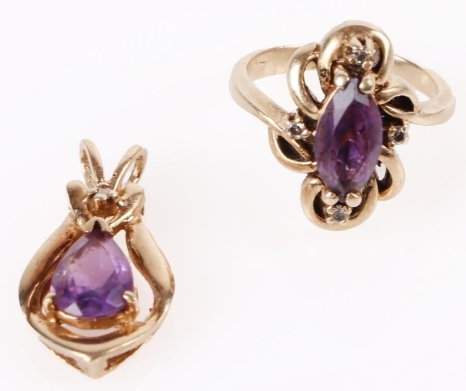 Lot 188158: 10K YELLOW GOLD AMETHYST DIAMOND MATCHING SET
