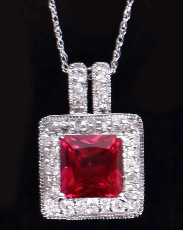Lot 188161: 10K WHITE GOLD RUBY DIAMOND NECKLACE & PENDANT