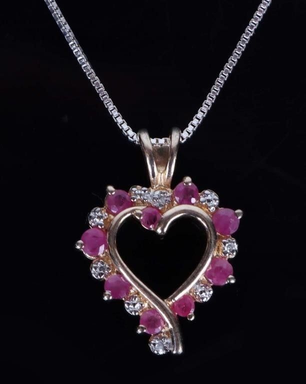 Lot 188174: STERLING SILVER PINK RUBY DIAMOND HEART NECKLACE