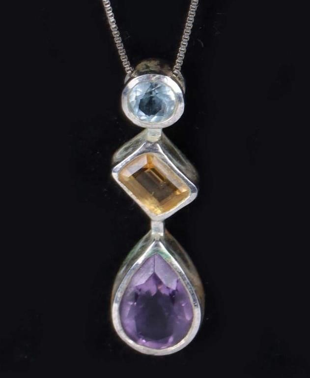 Lot 188175: 0.925 SILVER BLUE TOPAZ AMETHYST CITRINE NECKLACE