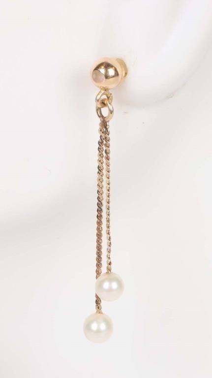 Lot 188209: 14K YELLOW GOLD DANGLE LADIES EARRINGS W/ PEARLS