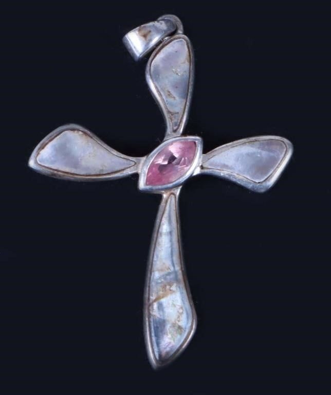 Lot 188216: STERLING SILVER PINK SAPPHIRE OPAL CROSS PENDANT