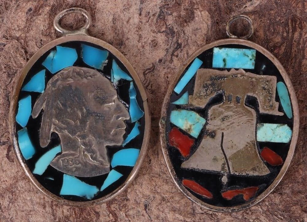 Lot 188217: TURQUOISE & CORAL STERLING SILVER COIN PENDANTS