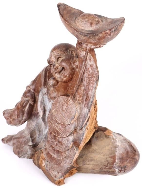 Lot 188247: HAND-CARVED WOOD LAUGHING BUDDHA STATUE