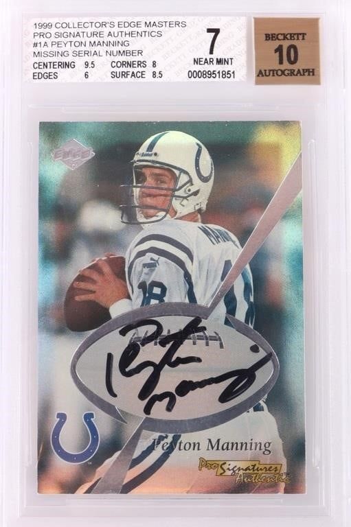 Lot 188261: 1999 COLLECTOR'S EDGE #1A P. MANNING AUTO. BECKETT