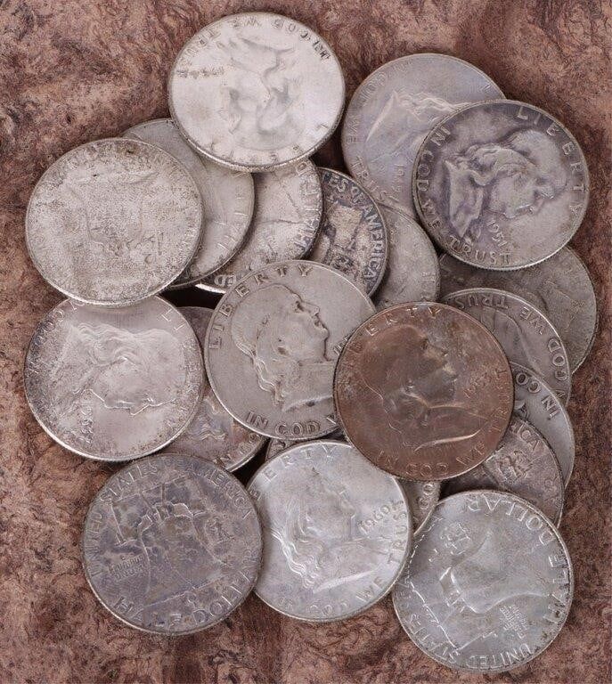 Lot 188338: 90% SILVER FRANKLIN HALF DOLLARS - LOT OF 20