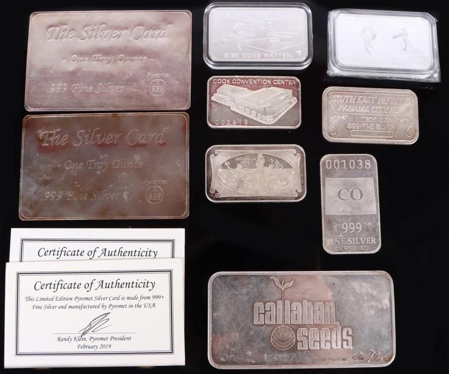 Lot 188348: ASSORTED FINE SILVER BARS/ CARDS - (9)