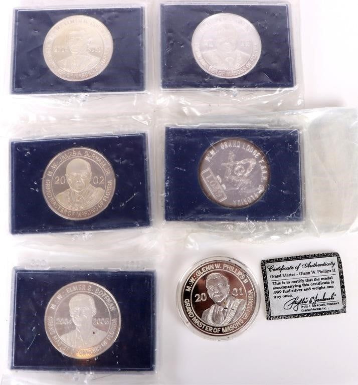 Lot 188352: ASSORTED 0.999 SILVER 1 TROY OUNCE MASON COINS-(6)