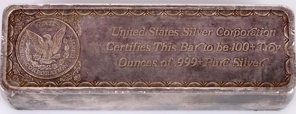 Lot 188353: UNITED STATES SILVER CORPORATION 102 OZ SILVER BAR