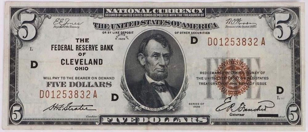 Lot 188360: 1929 $5 FEDERAL RESERVE BANK OF CLEVELAND OHIO