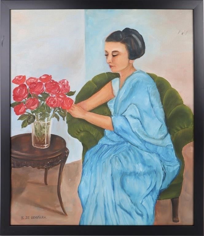Lot 191271: AFTER T. DE LEMPICKA OIL ON CANVAS FRAMED OF WOMAN