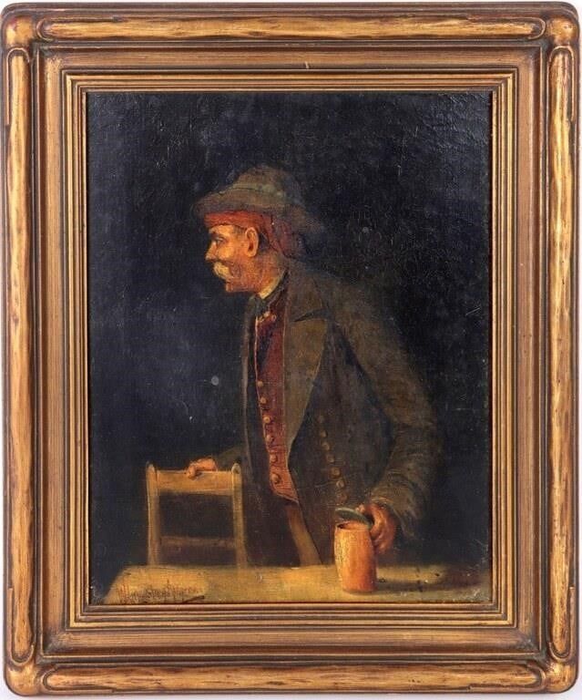 Lot 191292: OIL ON CANVAS DEPICTING A GERMAN MAN HOLDING A MUG