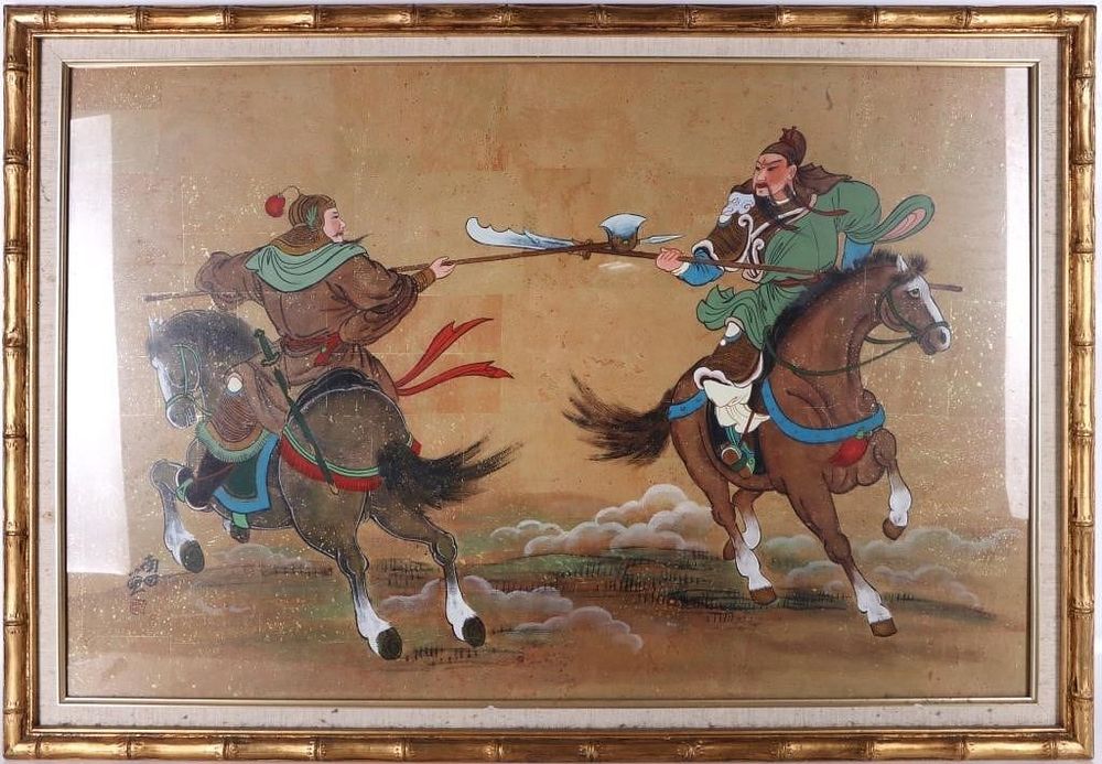 Lot 191293: OIL ON COMPOSITE PAPER DEPICTING WARRIORS FRAMED