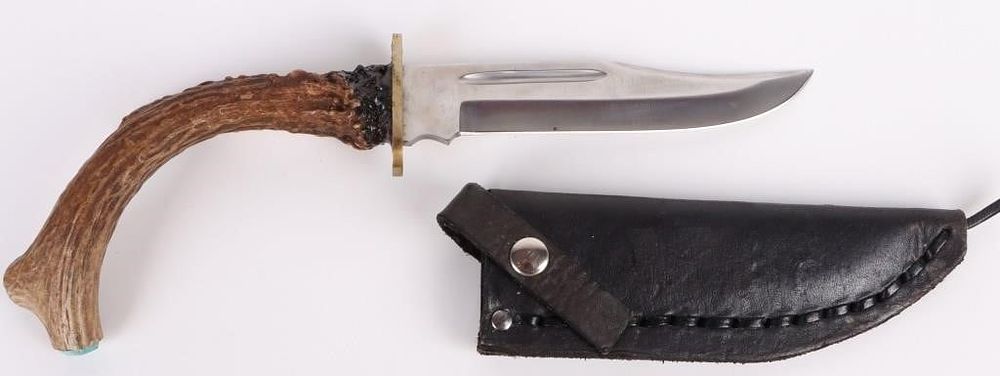 Lot 191389: HAND FORGED TURQUOISE ANTLER BOWIE KNIFE
