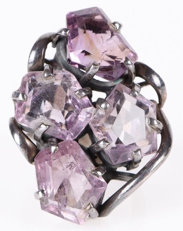 ANTIQUE STERLING SILVER AMETHYST CLUSTER RING. Antique Sterling Silver Natural Amethyst Cluster 