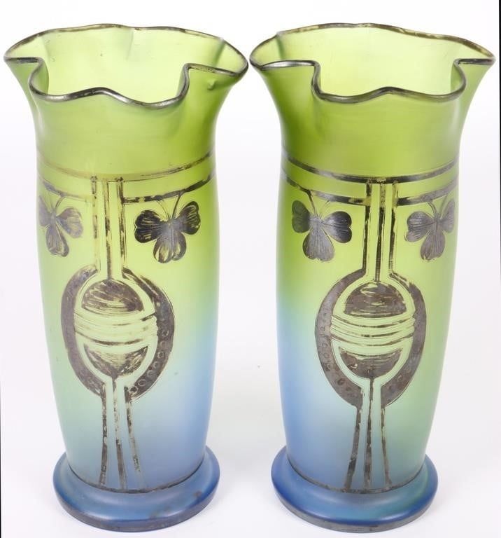 Lot 194163: TWO GLASS CLOVER HEAD VASES W/ SILVER OVERLAY
