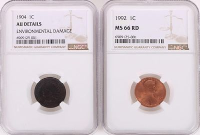 1904 & 1992 1 CENT PENNIES LINCOLN & INDIAN HEAD. US pennies include one 1904 1 cent AU details 