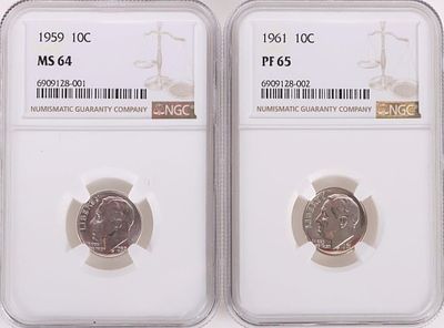 1961 & 1959 TEN CENT MINT SILVER ROOSEVELT DIMES. 1961 PF65 10 cent silver Roosevelt dime and 