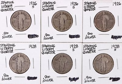 STANDING LIBERTY QUARTERS LEGIBLE DATES (6). Standing liberty quarters with legible dates lot to 