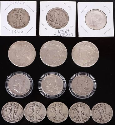 ASSORTED 90% SILVER U.S. FULL/ HALF DOLLARS - (14). Assorted 0.9 silver U.S. Full/ Half Dollars 