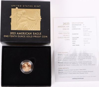 2023 W 1/10 OZ GOLD $5 EAGLE PROOF MINT BOX W/ COA. 2023 W 1/10 oz Gold $5 Eagle Proof Mint box 