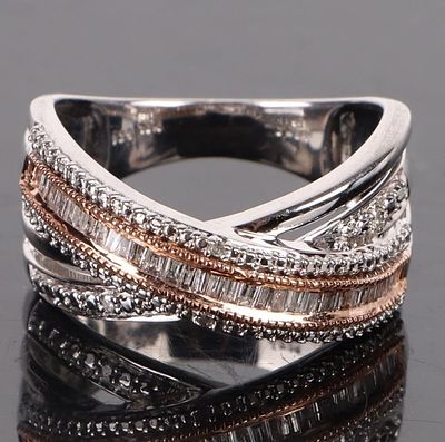 DIAMOND STERLING CROSSOVER RING W/ 10KT. GOLD ACC. Diamond Sterling Silver Corssover Ring with 