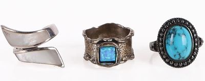 STERLING SILVER MOP, TURQUOISE, & OPAL RINGS. Sterling silver mother of pearl, turquoise, and 