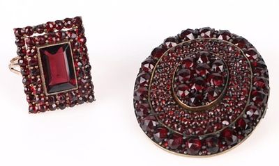 GARNET ART DECO RING & BROOCH. Garnet Art Deco Ring and Brooch to include Czech Art Deco Garnet 