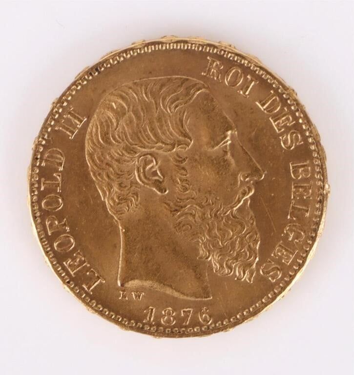 Lot 191079b: 90% GOLD 1876 BELGIUM LEOPOLD II 20 FRANC COIN MS