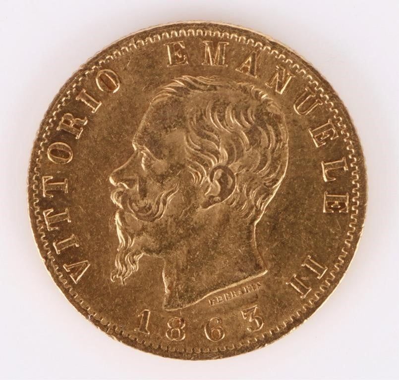 Lot 191079c: 90% GOLD 1863 ITALIAN V. EMANUELE II 20 LIRE COIN