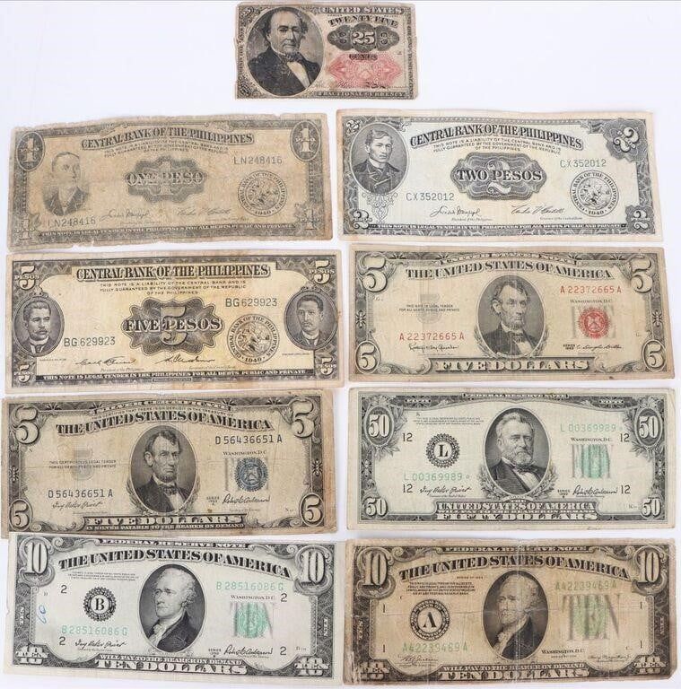 Lot 195300: VINTAGE ASSORTED U.S. & PHILIPPINES BANKNOTES -(9)
