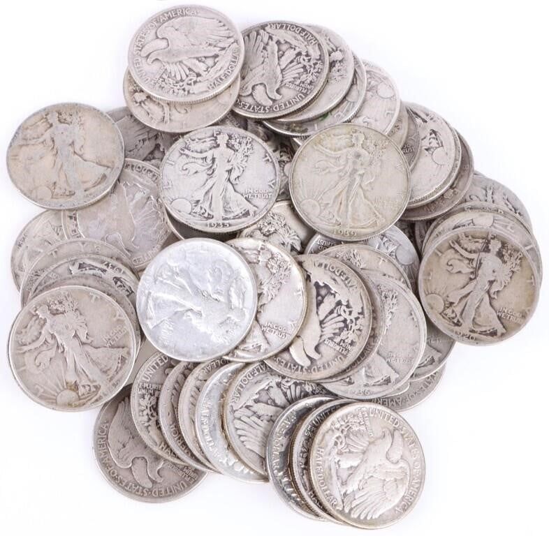 Lot 195311: WALKING LIBERTY 90% SILVER HALF DOLLARS - (50)