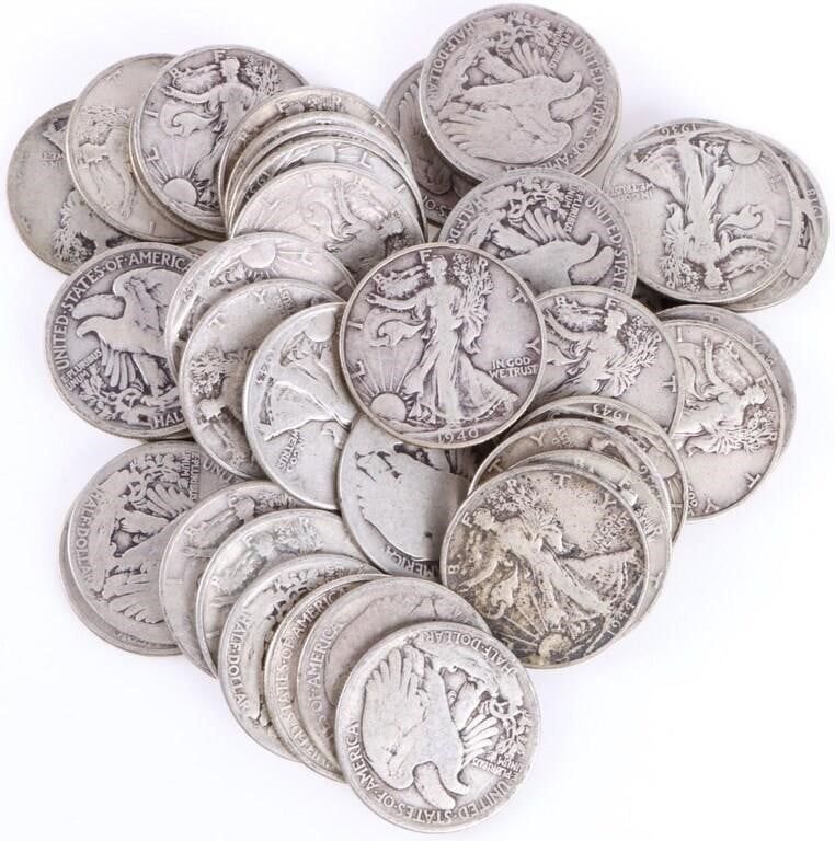 Lot 195312: WALKING LIBERTY 90% SILVER HALF DOLLARS - (46)