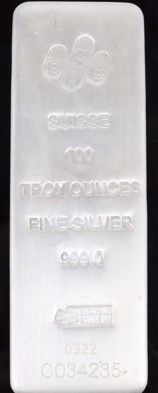 Lot 195333: PAMP 100 TROY OUNCE BAR OF 999.0 FINE SILVER