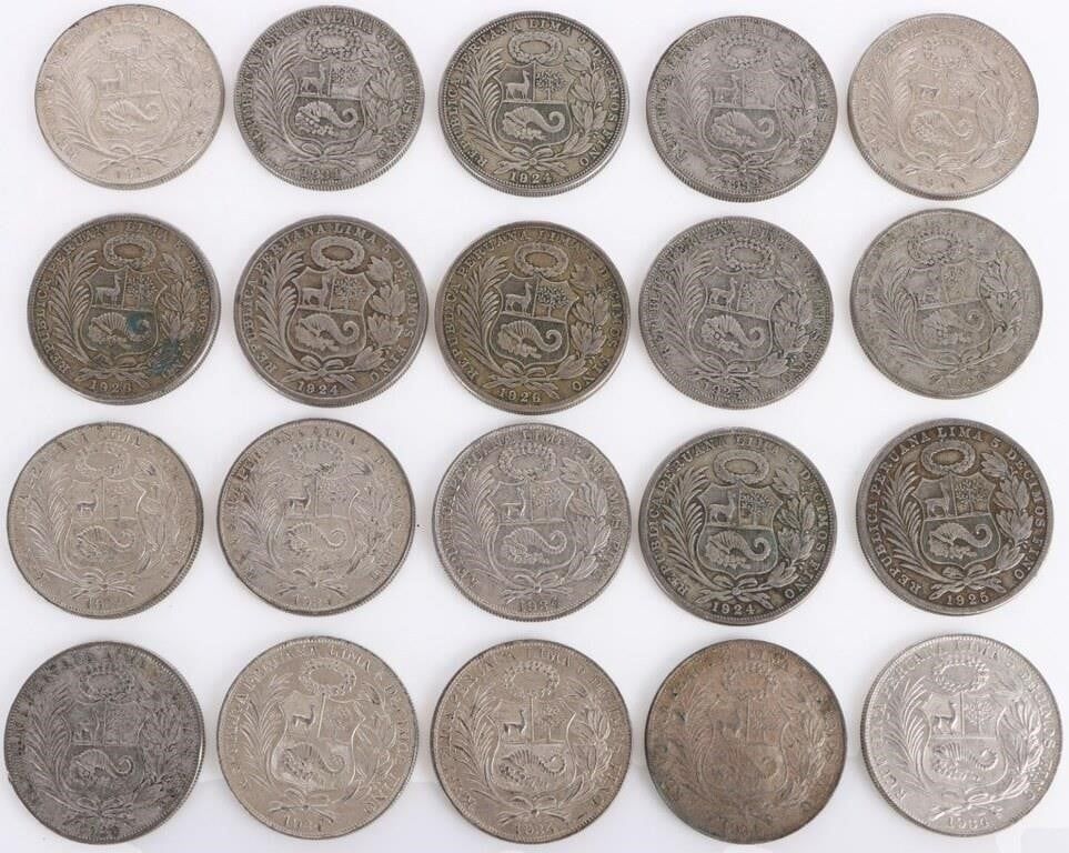 Lot 195336: 50% SILVER WORLD SILVER COINS PERU UN SOL - (20)