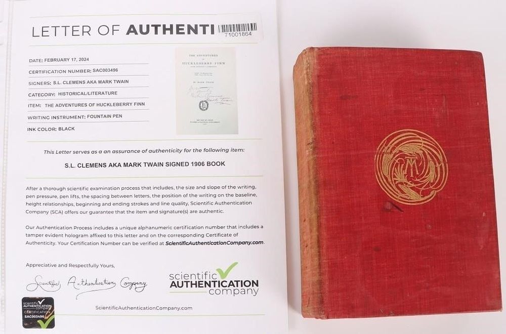 Lot 195378: MARK TWAIN SIGNED 1906 HUCKLEBERRY FINN W/ COA