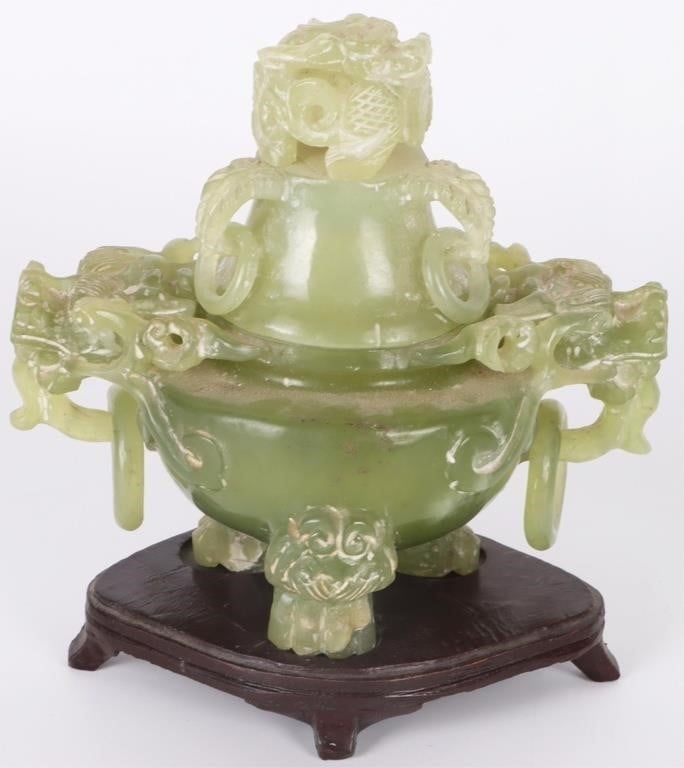Lot 195396: SOLID JADEITE ASIAN CARVED INCENSE BURNER W/ STAND