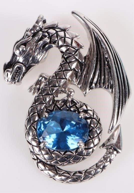 Lot 198163: STERLING SILVER DRAGON HOLDING SPINEL BALL PENDANT