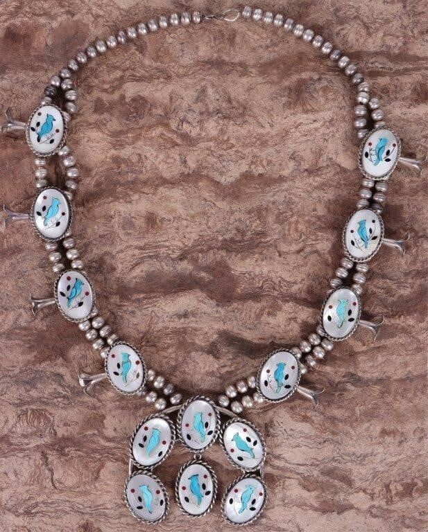 Lot 198258: STERLING MOP & TURQUOISE SQUASH BLOSSOM NECKLACE