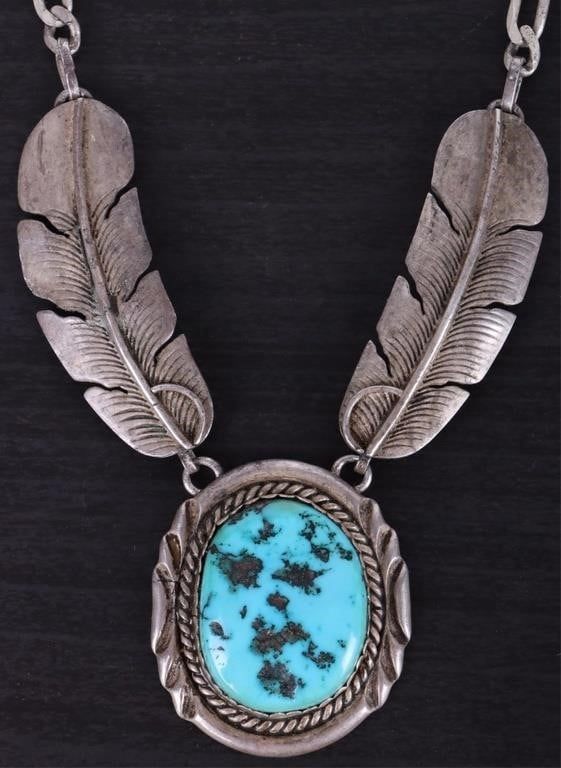 Lot 198263: TURUOISE FEATHER SIGNED STERLING NECKLACE
