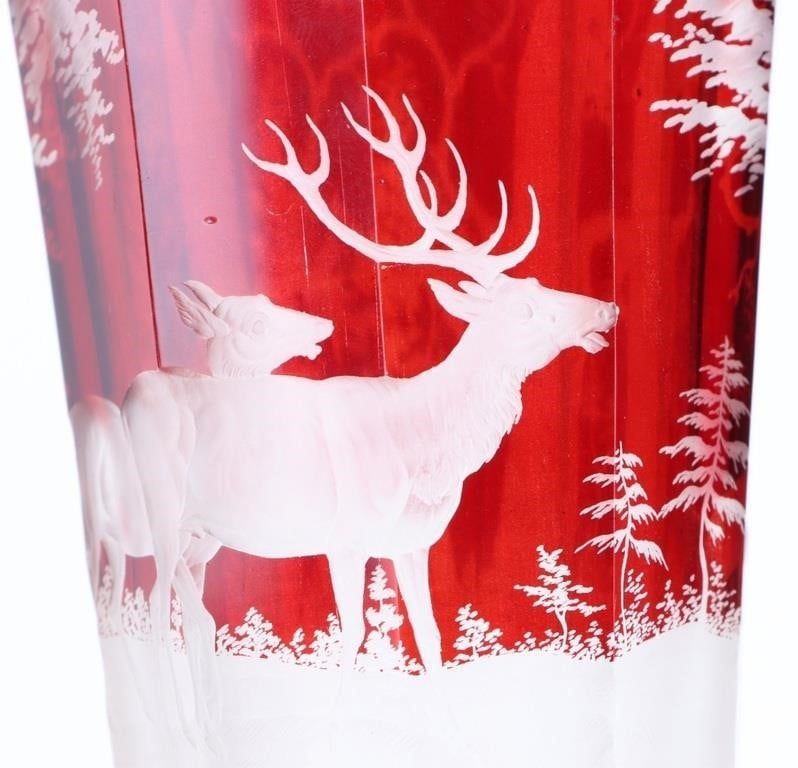 Lot 198435: 22" TALL BOHEMIAN RUBY RED ETCHED TRUMPET VASE