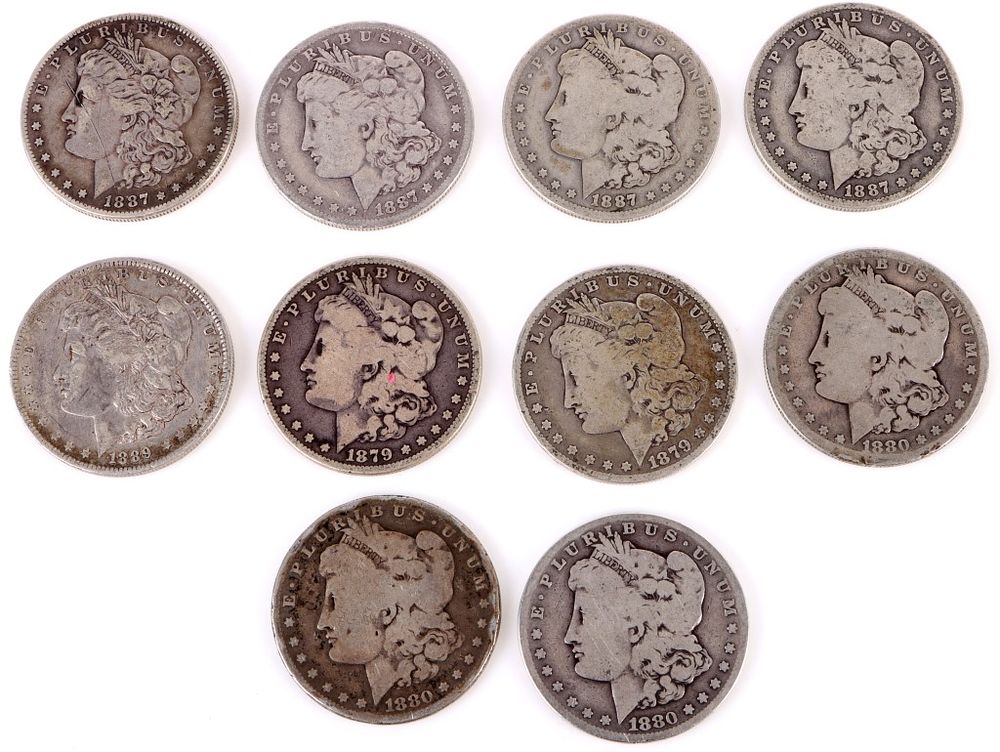 Lot 195304: 90% SILVER US MORGAN SILVER DOLLARS - LOT OF 10