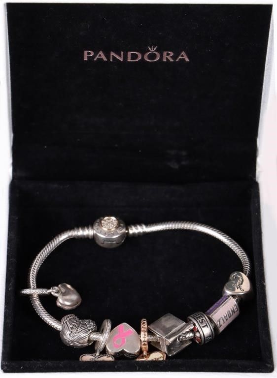 Lot 199163: PANDORA 8' STERLING BRACELET WITH 9 CHARMS
