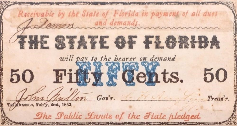 Lot 199177: 1863 STATE OF FLORIDA 50 CENTS UNCUT NOTES
