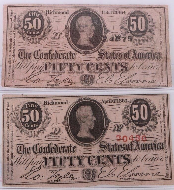 Lot 199178: 1864 CSA 50Â? SERIES 1 OBSOLETE BANKNOTES - (2)