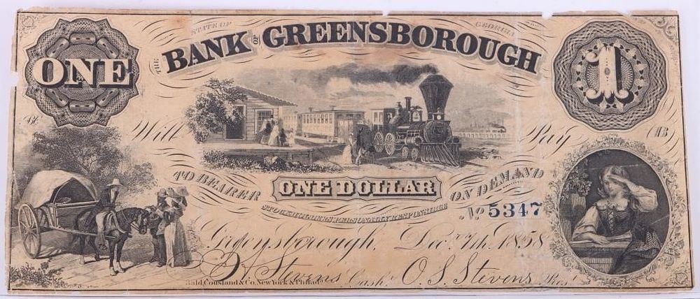 Lot 199184: 1858 BANK OF GREENSBOROUGH $1 OBSOLETE CSA NOTE