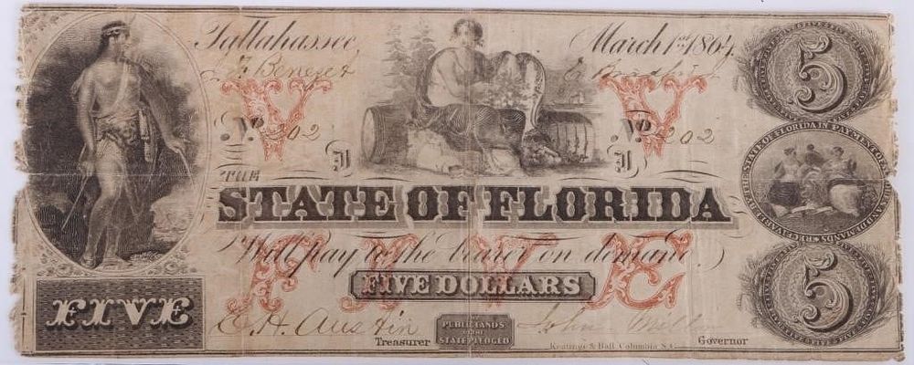 Lot 199185: 1864 STATE OF FLORIDA TALLAHASSEE $5 CSA BANKNOTE
