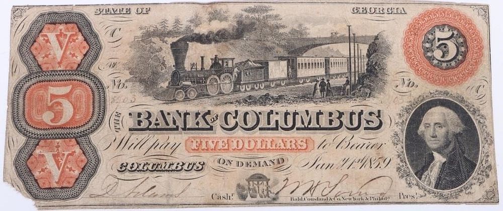 Lot 199188: 1859 BANK OF COLUMBUS $5 OBSOLETE CSA BANKNOTE
