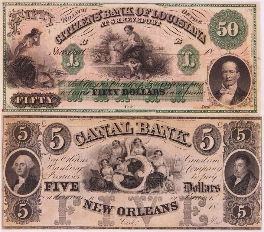 Lot 199189: 1850's $5 & $50 LOUISIANA OBSOLETE USA BANKNOTES