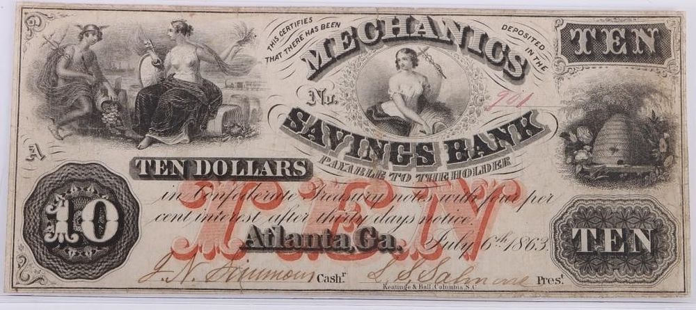 Lot 199190: 1863 CSA $10 MECHANICS SAVINGS BANK BANKNOTE